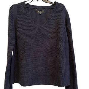 Navy V Neck Sweater with texture details at shoulders
